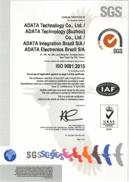 ISO 9001 Certificate:ADATA Group